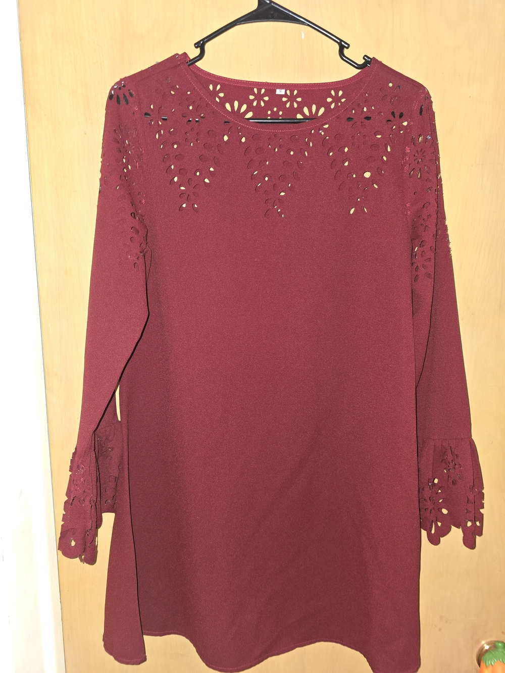 Amazon Women's Wine Red Long Sleeve Laser-Cut Shift Dress